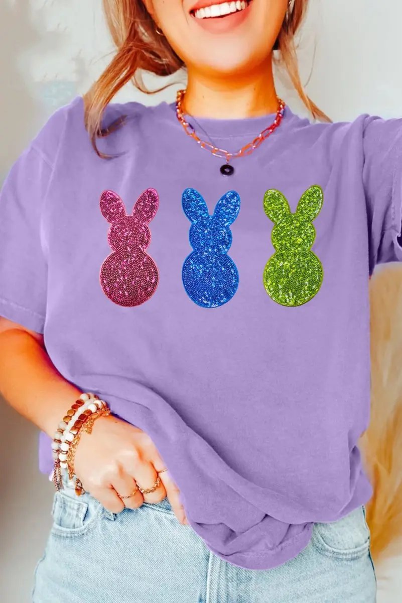 Wisteria Easter Shiny Bunny Graphic Crewneck T Shirt Casual - Love Salve